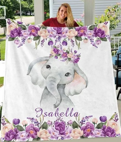 Personalised Purple Floral Elephant Blanket Custom Name Gifts For Baby Girl-Jessemade AU