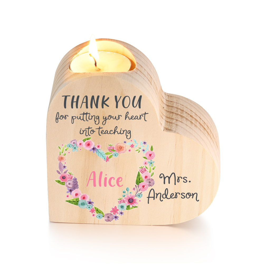 To My Teacher Candle Holder Custom 2 Names Wooden Candlestick Teachers' Day Gift - Thank You For Putting Your Heart Into Teaching-Jessemade AU