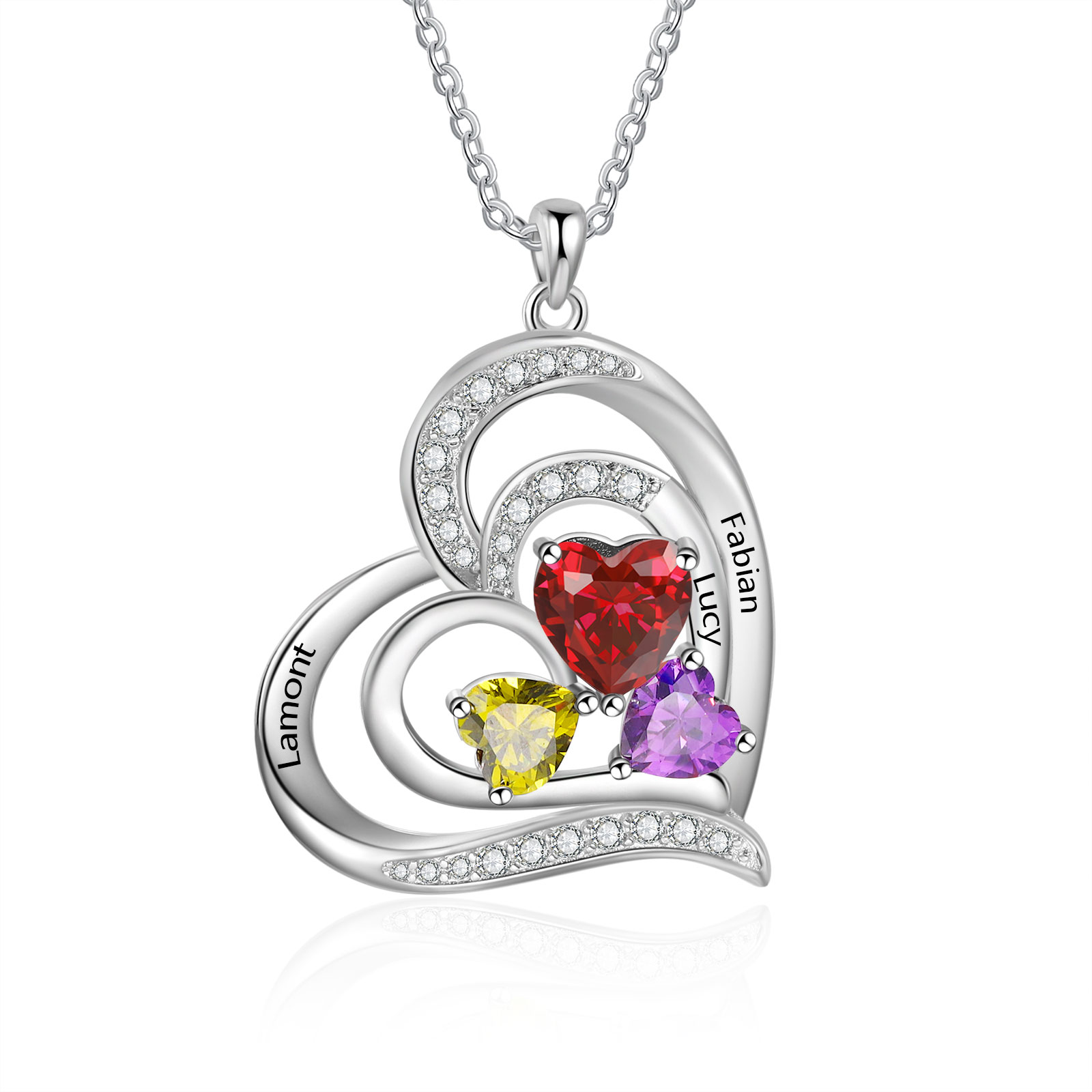 Personalised 3 Names & 3 Birthstones Necklace Custom Heart Pendant Women's Necklace Gifts for Her-Jessemade AU