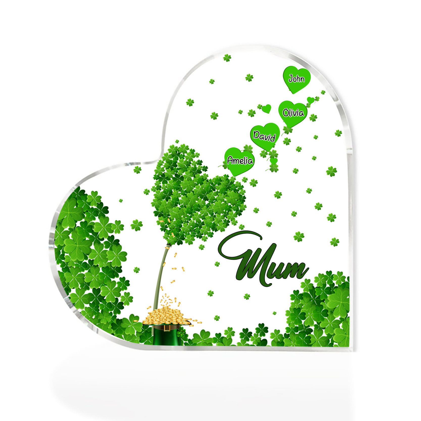 4 Names - Personalised Acrylic Heart Keepsake Custom Text Four-Leaf Clover Ornament Gift for Mother/Grandma-Jessemade AU