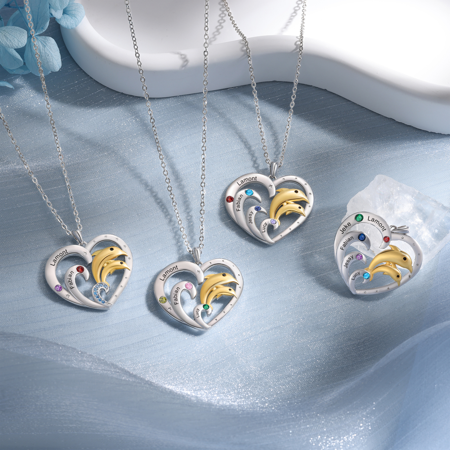 Personalised Heart Dolphin Pendant Necklace Custom 3 Birthstones Engraved 3 Names Necklace Gift for Her-Jessemade AU