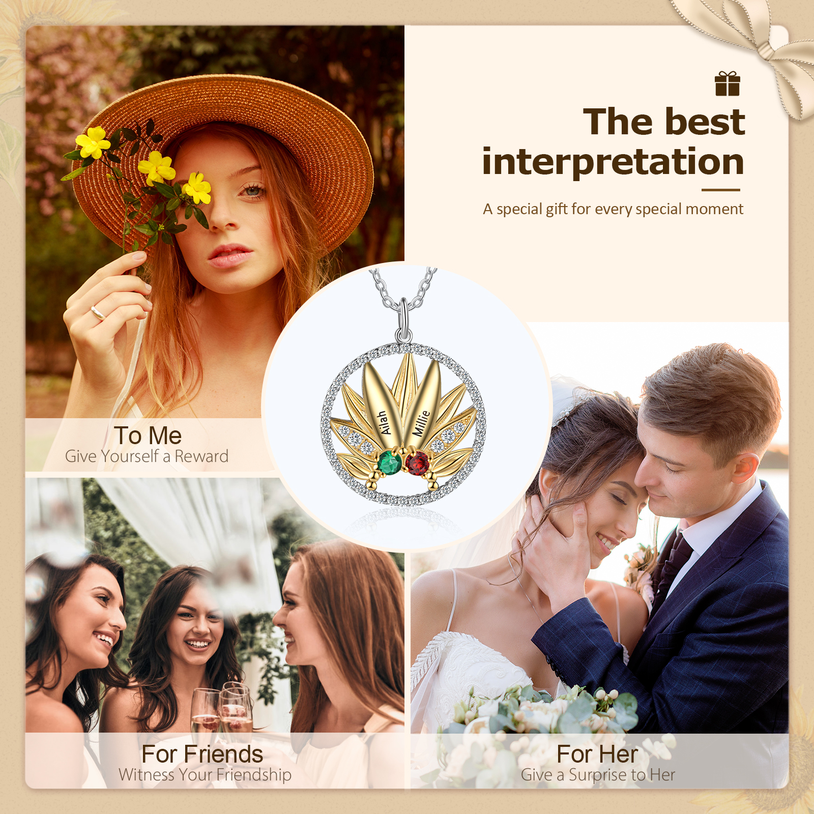 Personalised Sunflower Necklace With 2 Birthstones Engraved Names Necklace Gift For Women-Jessemade AU