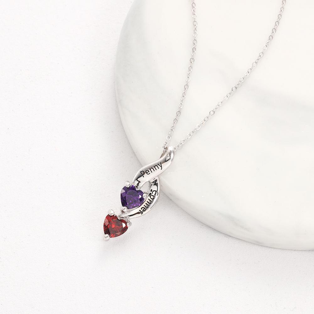 Personalised Necklace With 2 Heart Birthstones Engraved Names Gift For Women-Jessemade AU