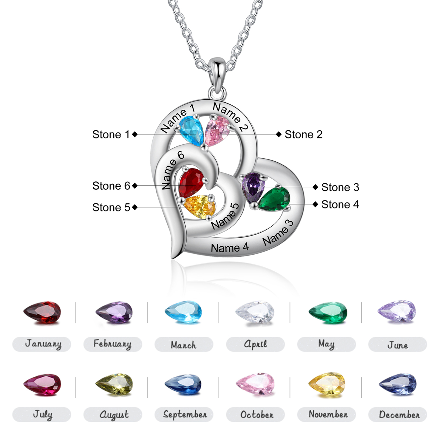 Personalised Heart Necklace With 6 Birthstones Engraved Names Gift For Her-Jessemade AU