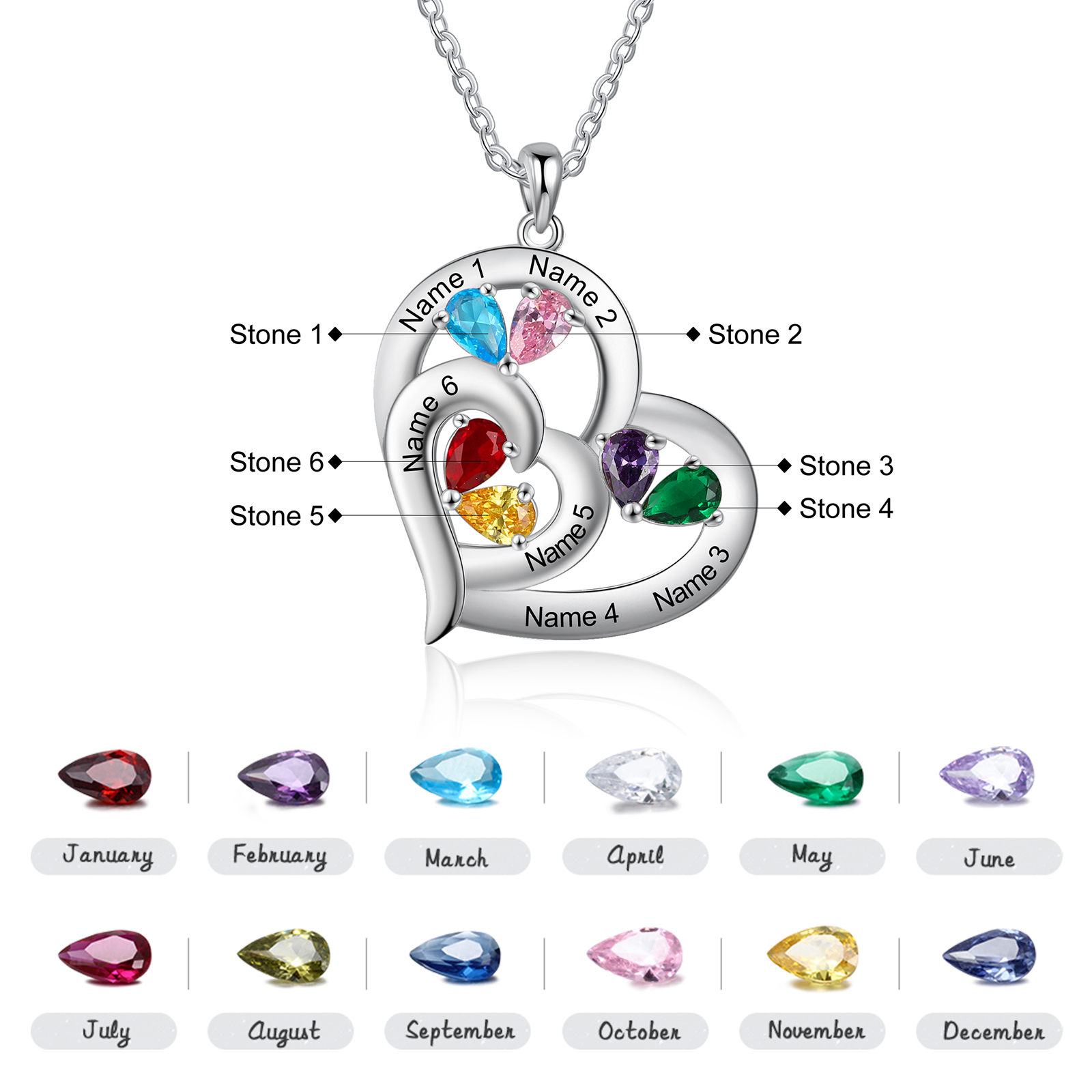 Personalised Heart Necklace With 6 Birthstones Engraved Names Gift For Her-Jessemade AU