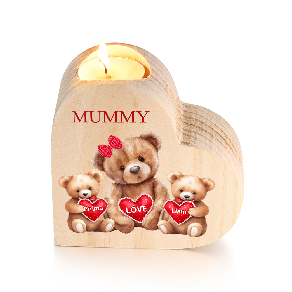 Personalised 2 Names & 1 Text Candle Holder Teddy Bear Wooden Candlestick Gifts for Grandma/Mother-Jessemade AU