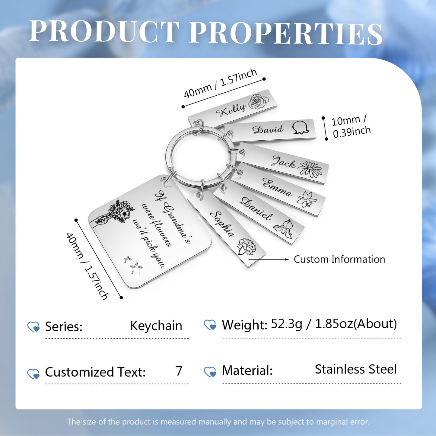 Personalised 6 Names & 6 Birth Flowers Keychain Custom Text Family Keychain Gifts for Mother/Grandma-Jessemade AU