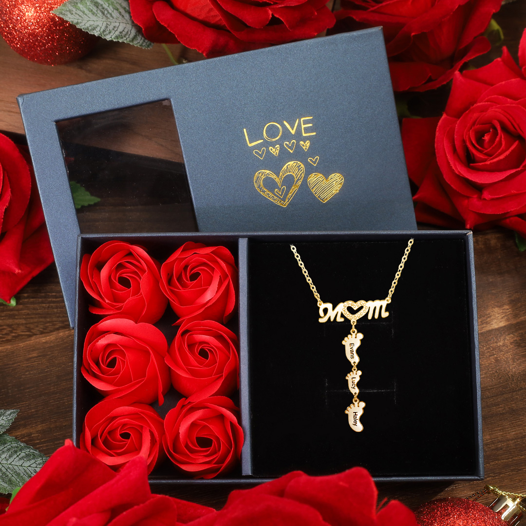 Mother Necklace with 3 Baby Feet Pendants Engraved 3 Names Mom Rose Gift Set-Jessemade AU