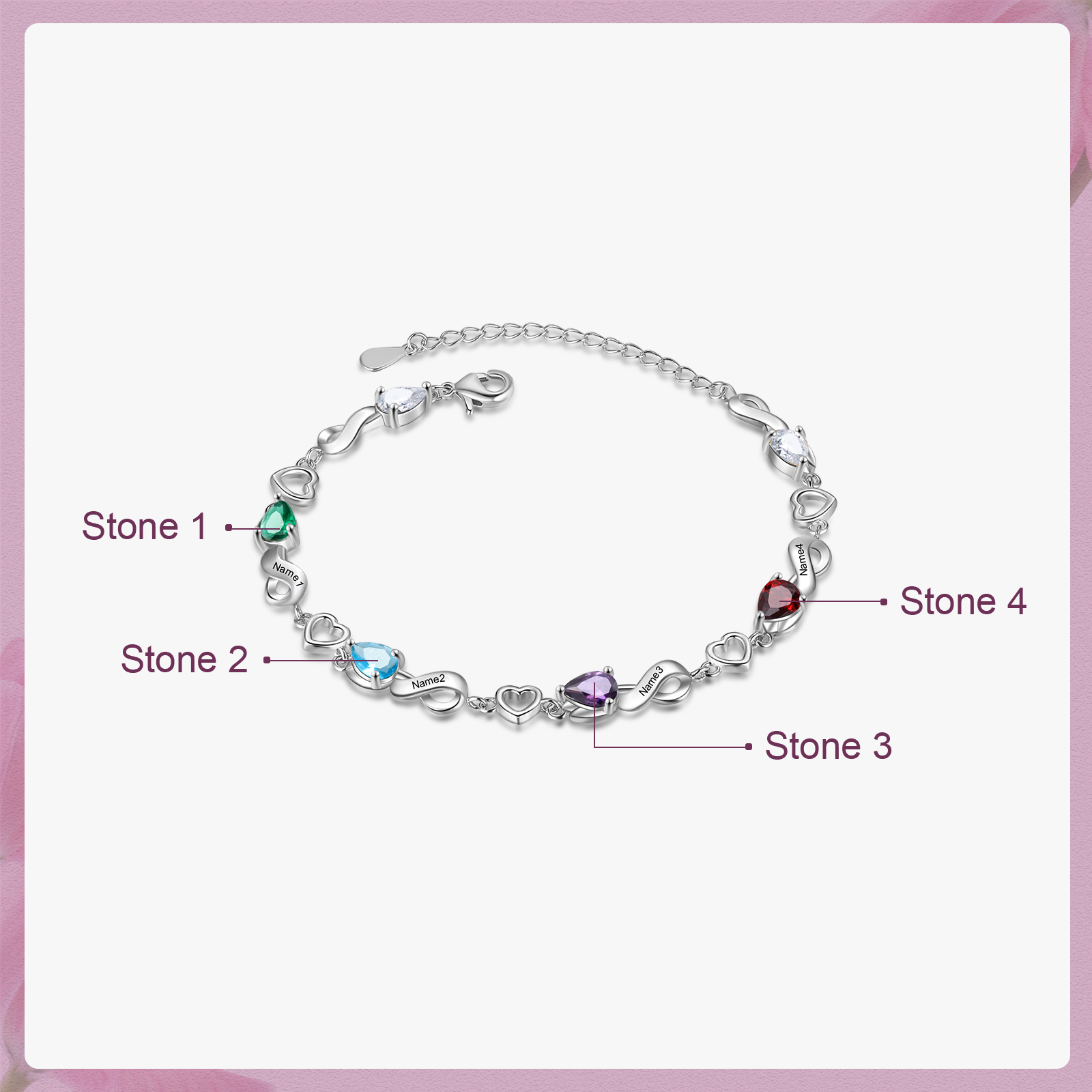 Personalised 4 Birthstones Heart Bracelet Engraved Names Bracelet Gifts For Women-Jessemade AU