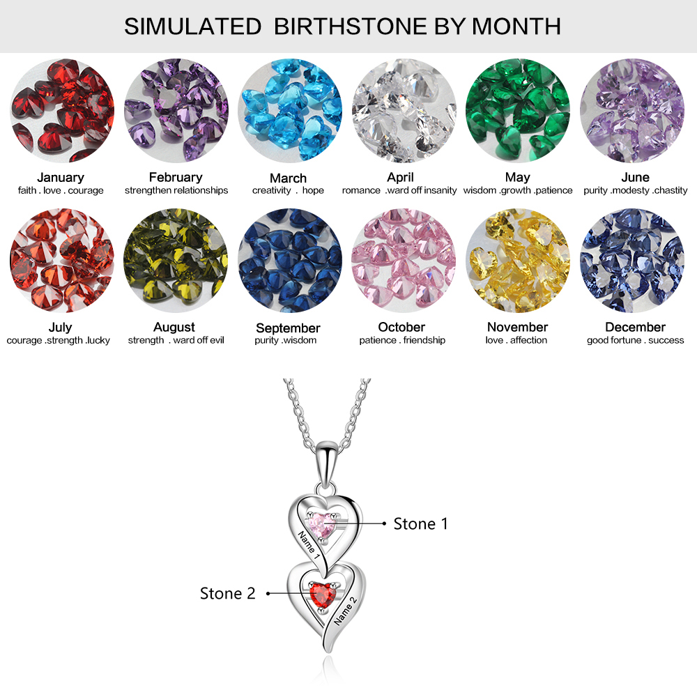 Personalised Heart Necklace With 2 Birthstones Engraved Names Necklace Gift For Women-Jessemade AU