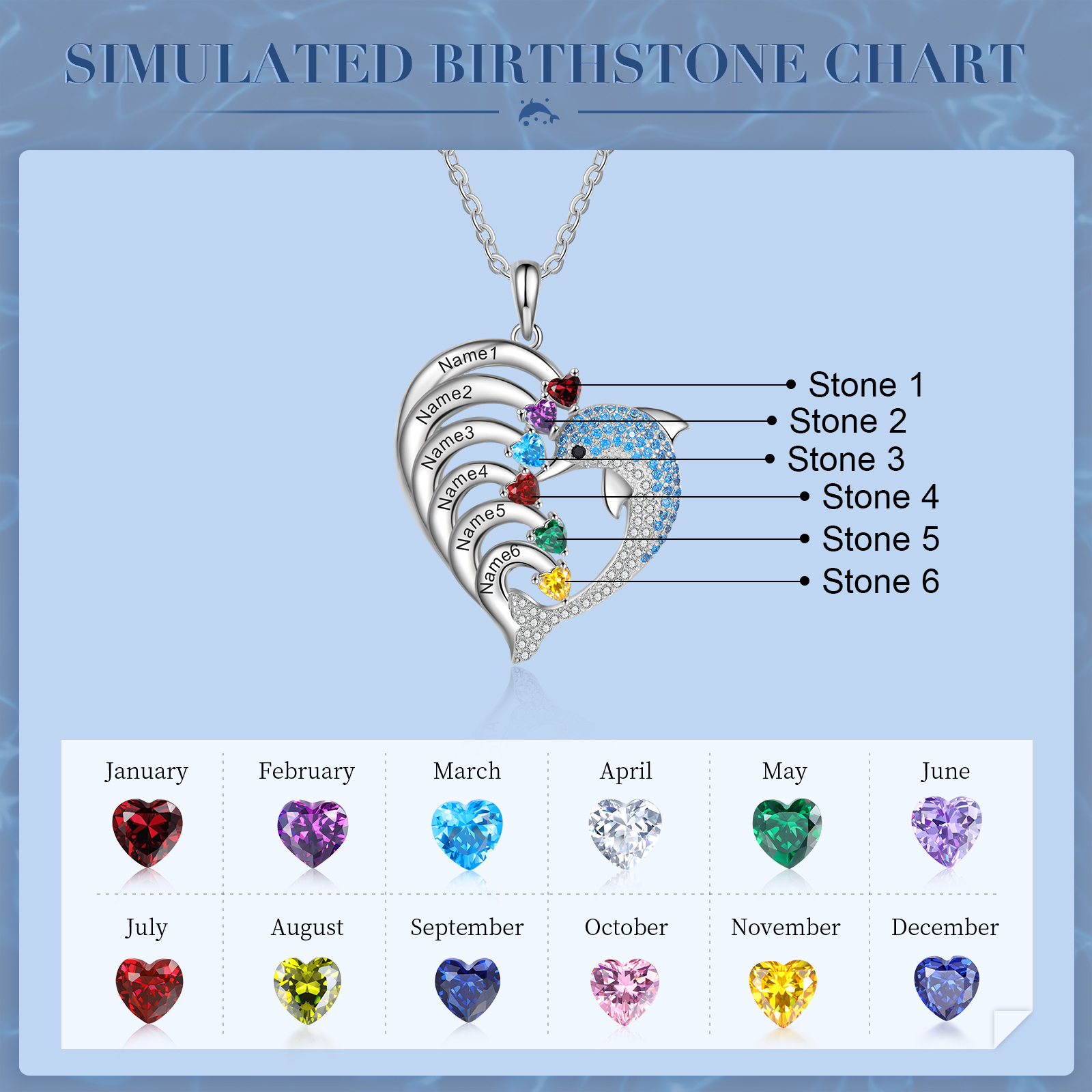 Personalised Heart Dolphin Necklace With 6 Birthstones Engraved Names Gift For Her-Jessemade AU