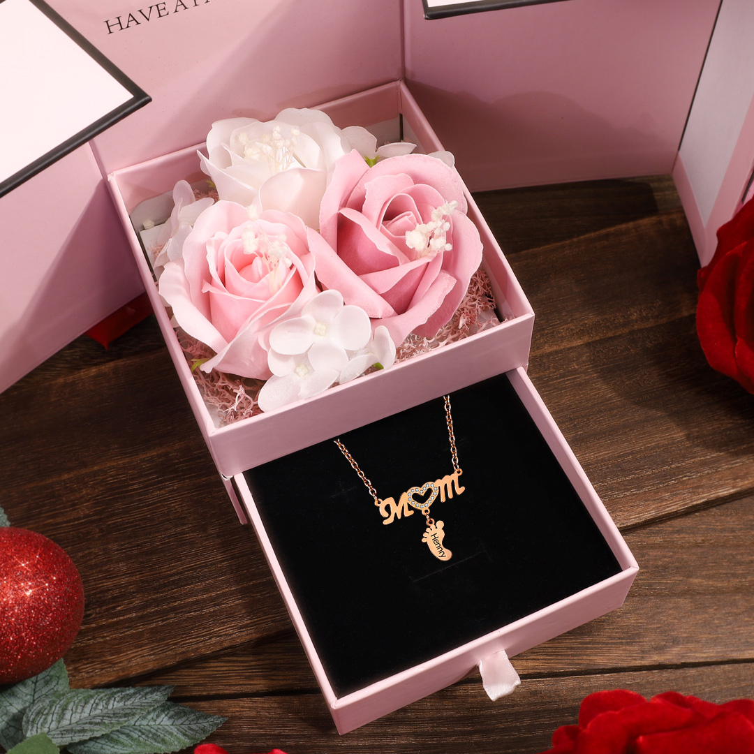 Mother Necklace with 1 Baby Foot Pendant Engraved 1 Name Rose Gift Set