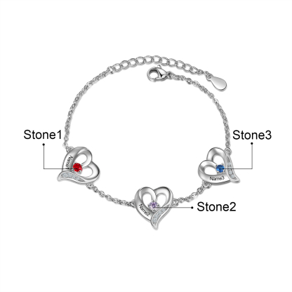Personalised Heart Bracelet With 3 Birthstones Engraved Names Necklace For Her-Jessemade AU