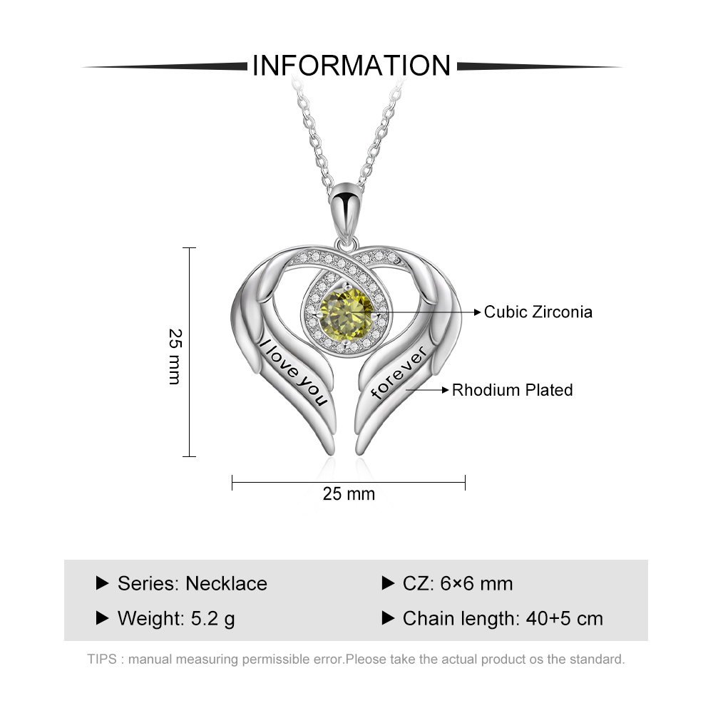 Personalised Heart Wings Necklace with 1 Birthstone Engraved Names Gift For Her-Jessemade AU