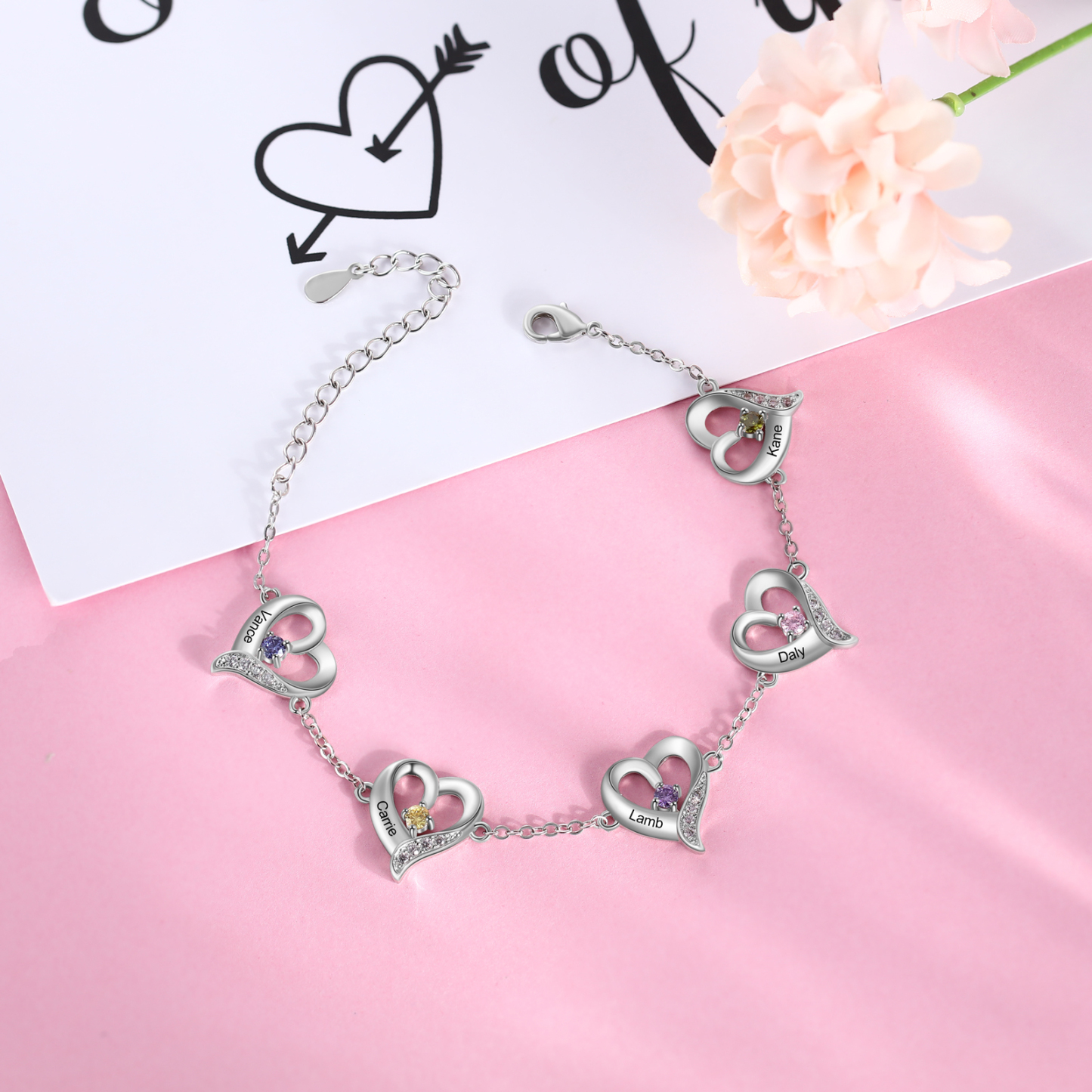 5 Names - Personalised Heart Bracelet Gift Set With Gift Box Custom Name & Birthstone Bracelet Gift For Her-Jessemade AU