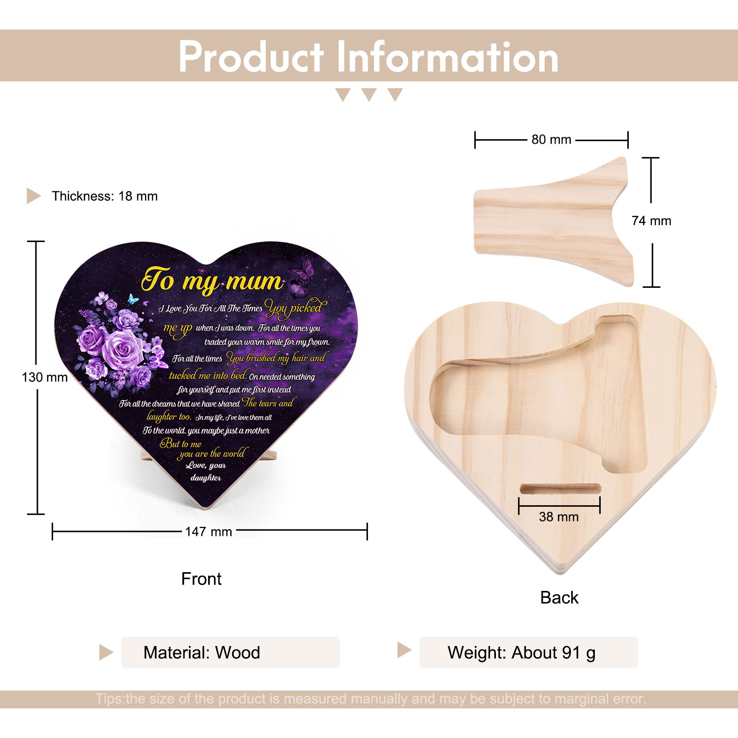 To My Mum Wooden Flowers Heart Keepsake Desktop Ornament Mothers Gifts-Jessemade AU