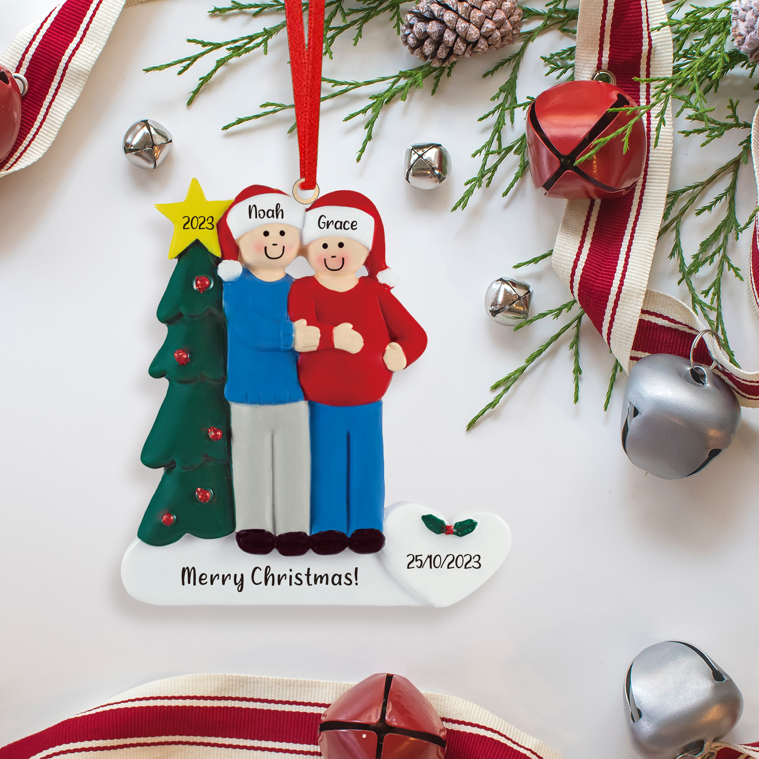 2 Names - Personalised Wooden Christmas Ornaments Customised Text & Date Xmas Decor Gifts for Family Friends-Jessemade AU