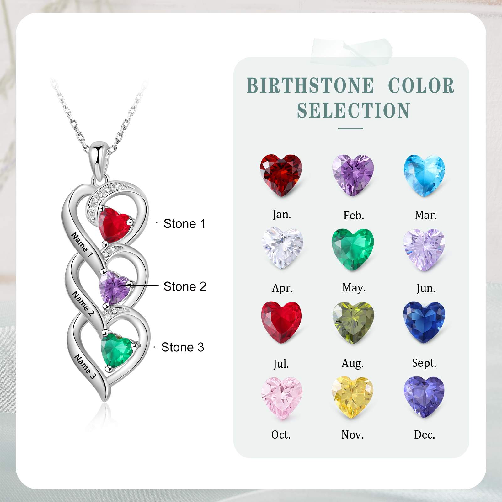 Personalised 3 Birthstones & 3 Names Necklace Custom Heart Pendant Necklace Gifts for Her-Jessemade AU