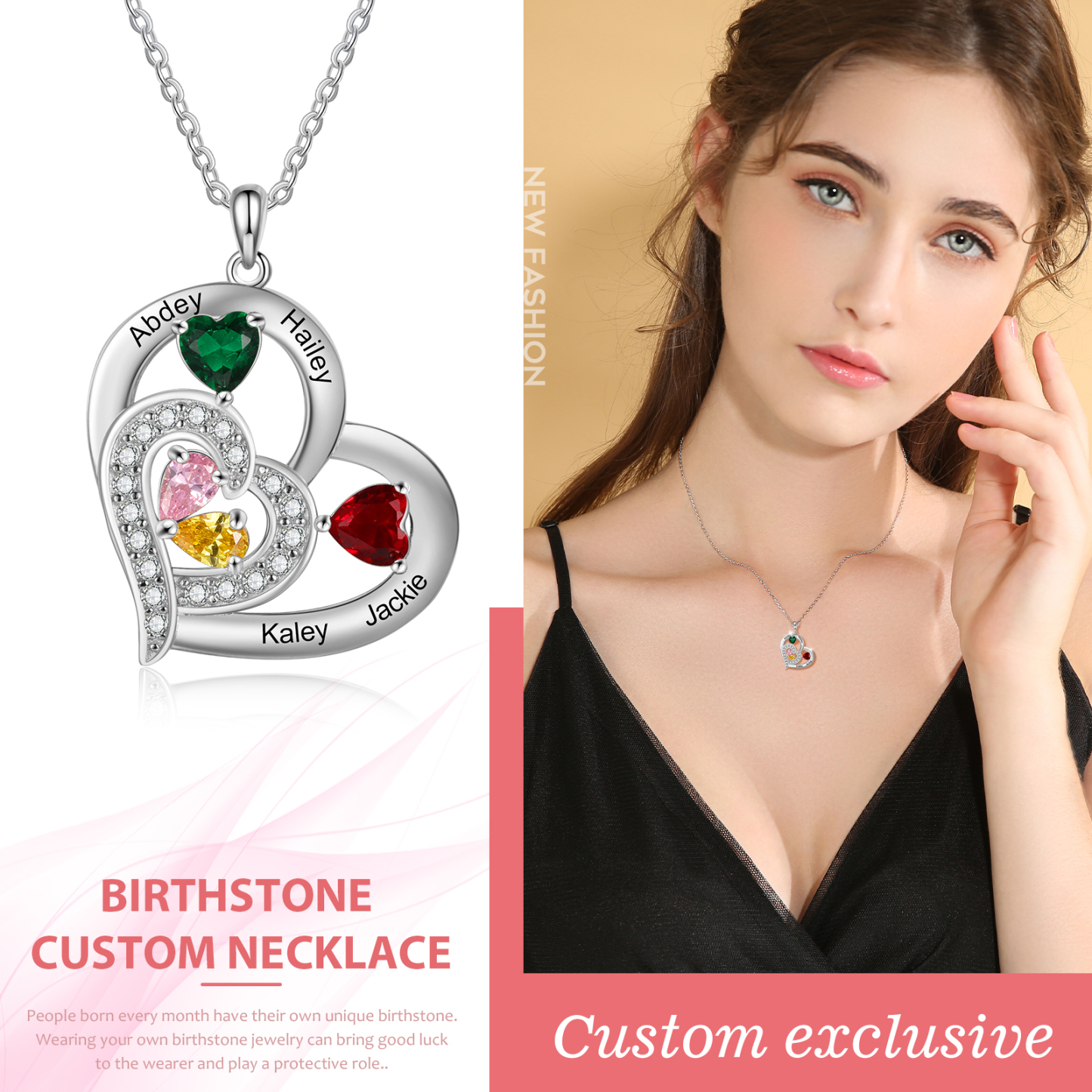 Personalised Heart Necklace With 4 Birthstones Engraved Names Gift For Her-Jessemade AU