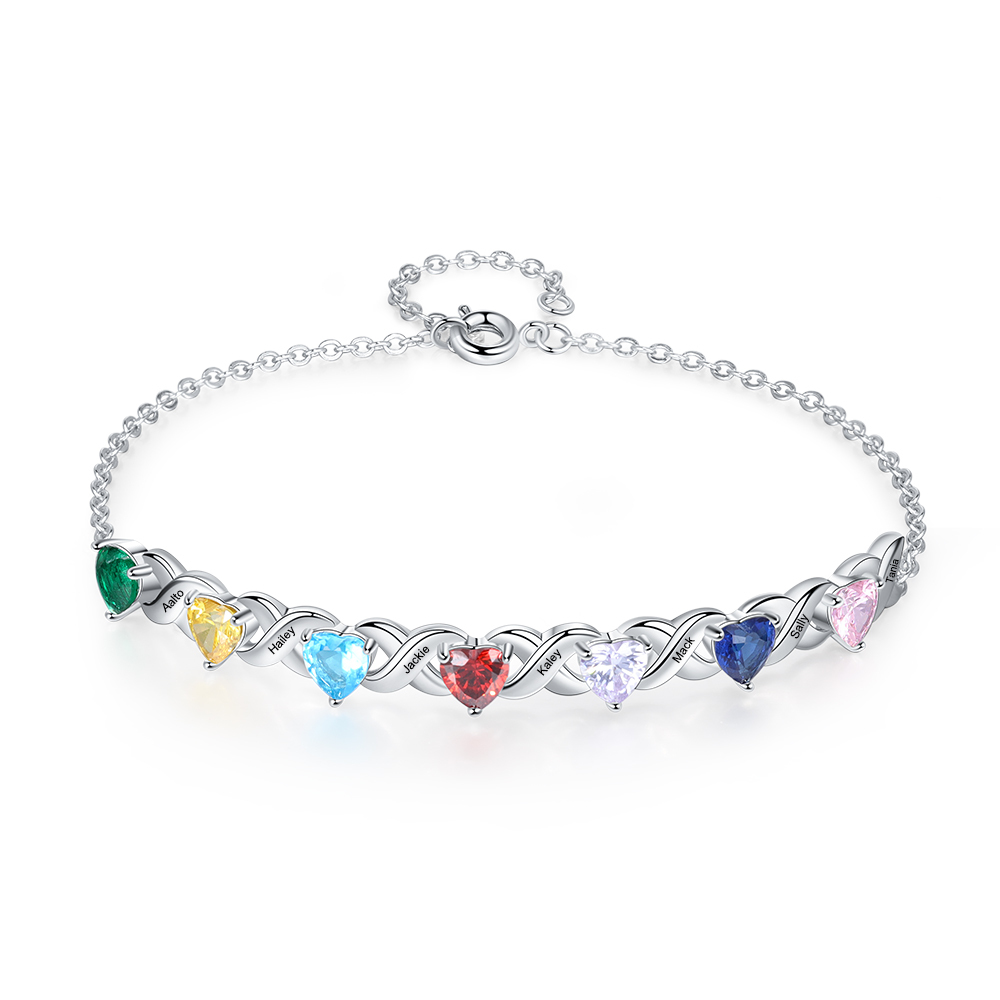 Personalised Bracelet With 7 Heart Birthstones Engraved Names Bracelet Gift For Women-Jessemade AU