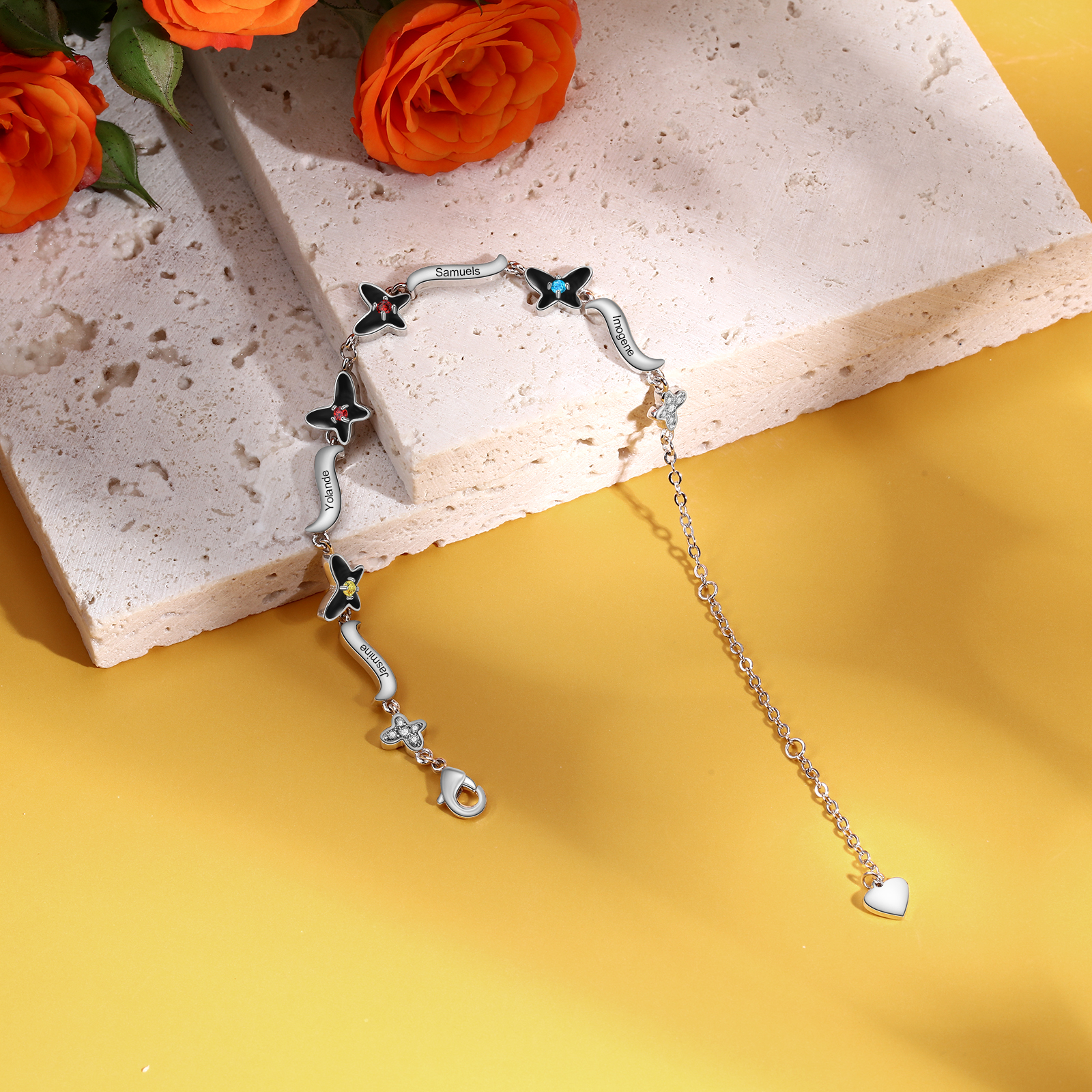 Personalised Butterfly Bracelet With 4 Birthstones Engrave Names Necklace Gift For Women-Jessemade AU