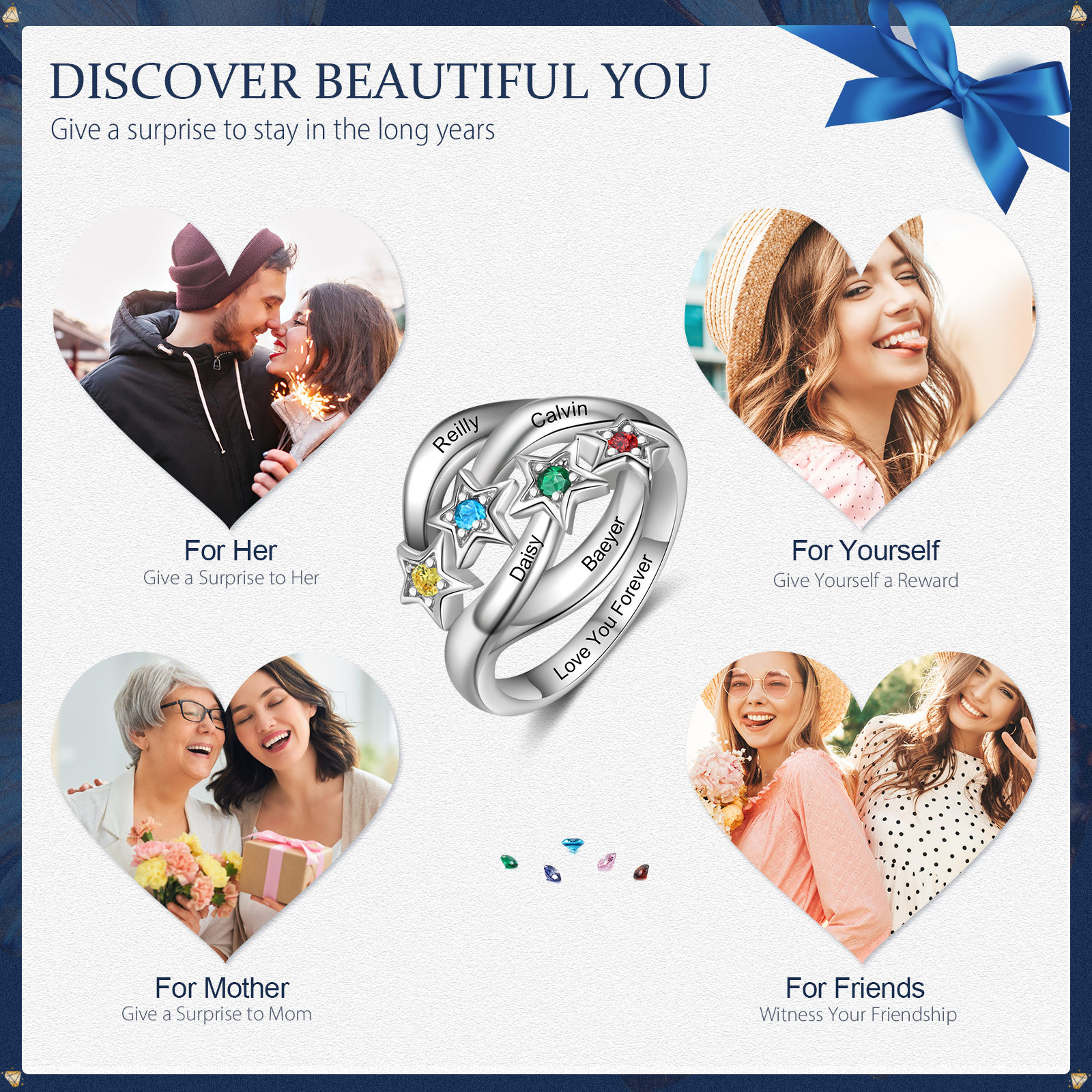 Personalised Star Ring With 4 Birthstones Engraved Names Ring Gift For Women-Jessemade AU