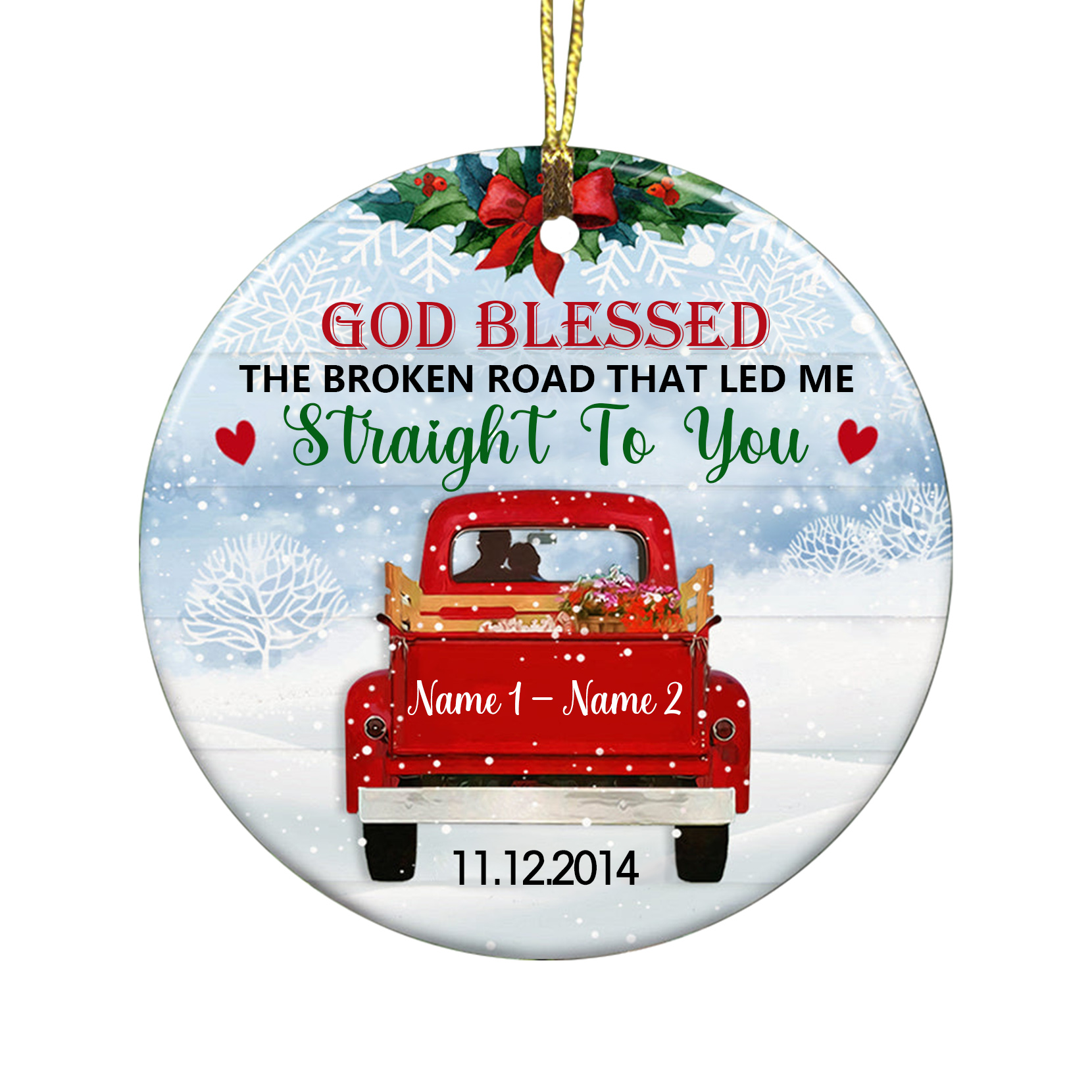 2 Names - Personalised Wooden Christmas Ornaments Customised Name & Date Couple Red Truck Christmas Circle Ornament-Jessemade AU