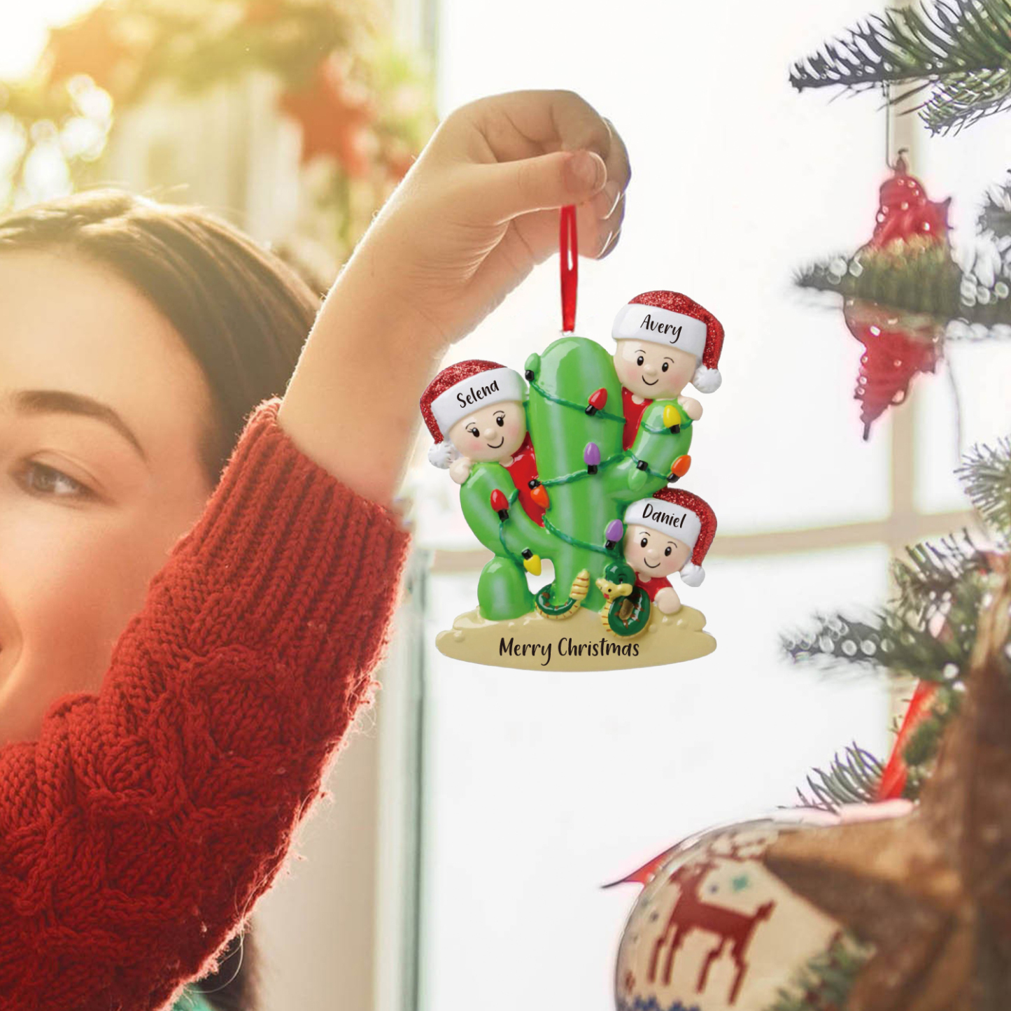 3 Names - Personalised Cactus Ornament Customised Name & Text Christmas Tree Wooden Decor Gift for Family and Friends-Jessemade AU