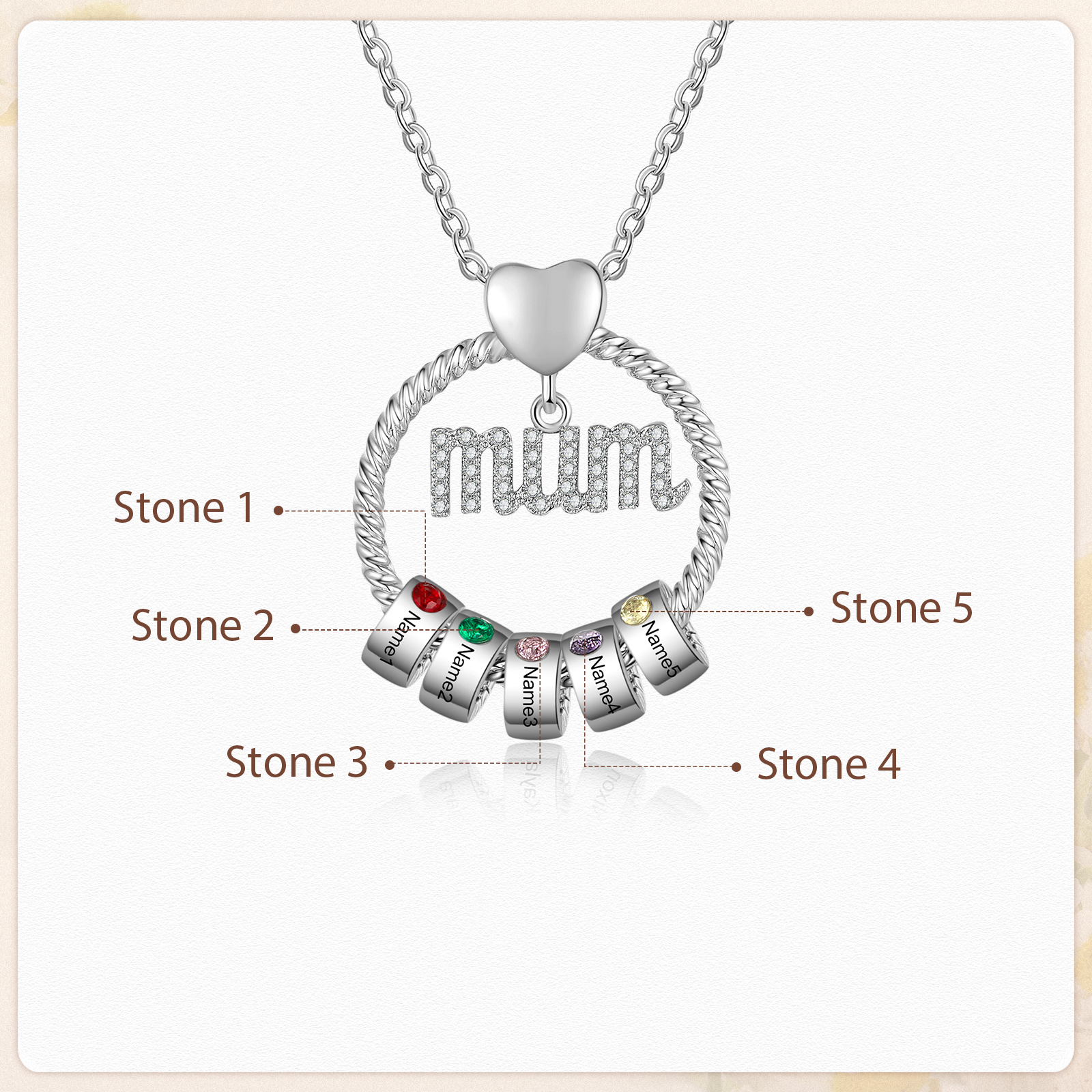 Personalised Circle Necklace With 5 Birthstones Pendant Engraved Names Gift For Mum-Jessemade AU