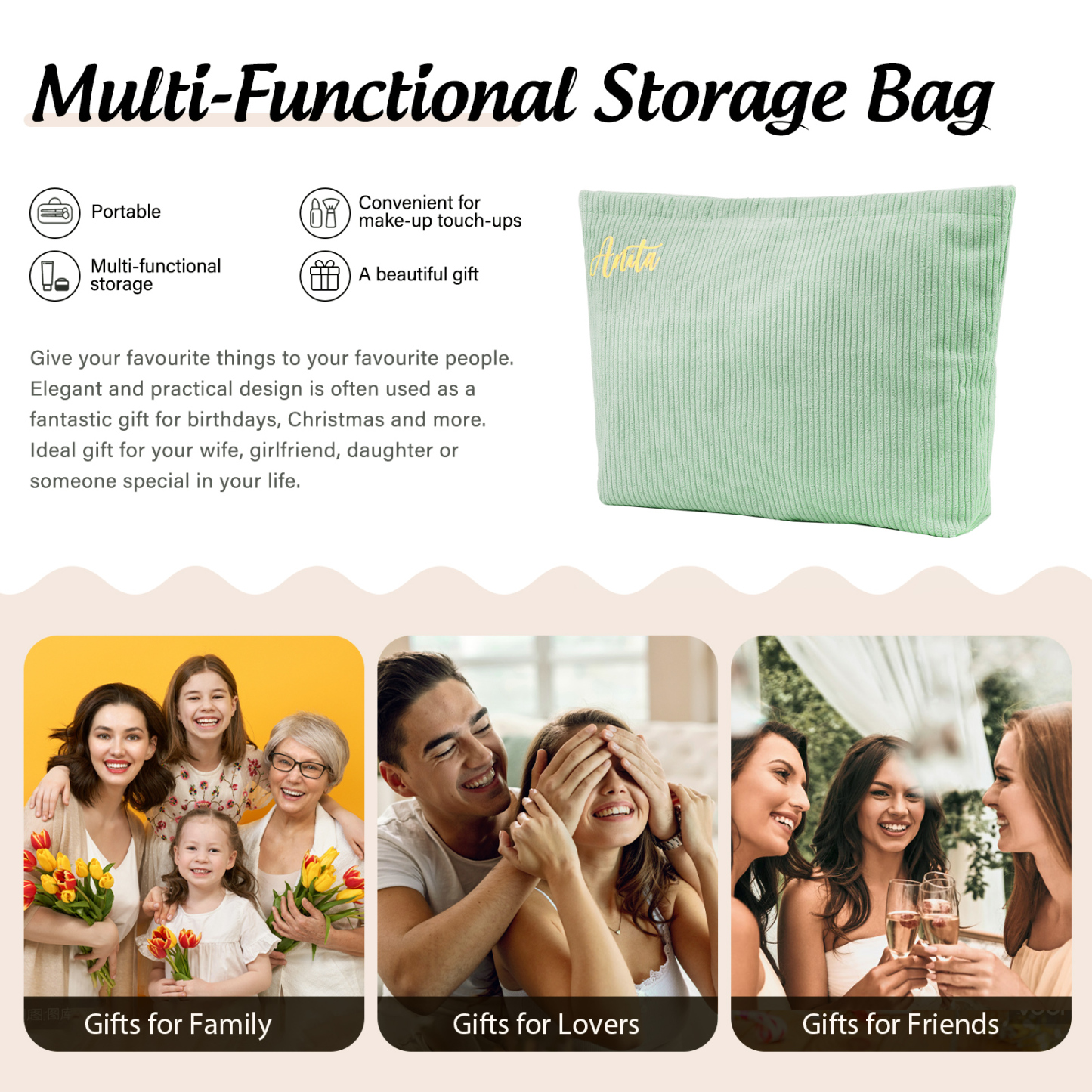 Personalised Name Multi-Functional Storage Bag Custom Zipper Makeup Bag Jewelry Storage Gifts for Her -Jessemade AU