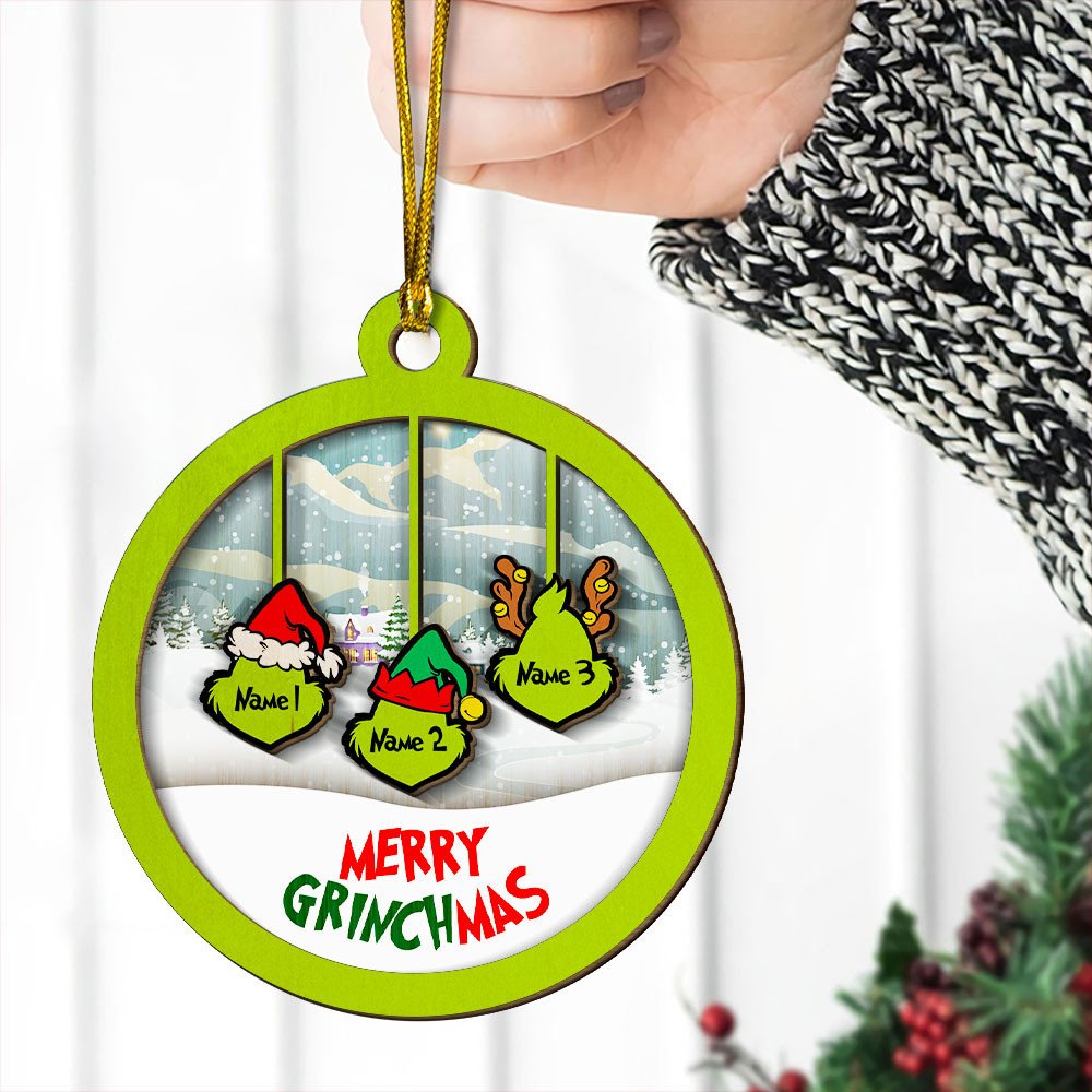 Merry Grinchmas Family Ornament Custom 3 Names Wooden Ornament-Jessemade AU