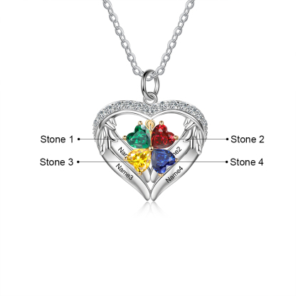 Personalised Wings Necklace With 4 Heart Birthstones Engraved Names Gift For Women-Jessemade AU