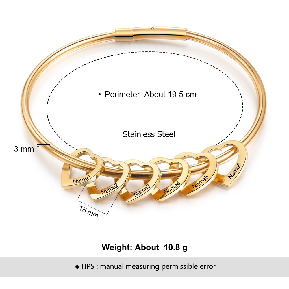 Personalised Love Bracelet with 5 Heart Charms Engraved 5 Names Bangle Bracelet Gift for Her-Jessemade AU