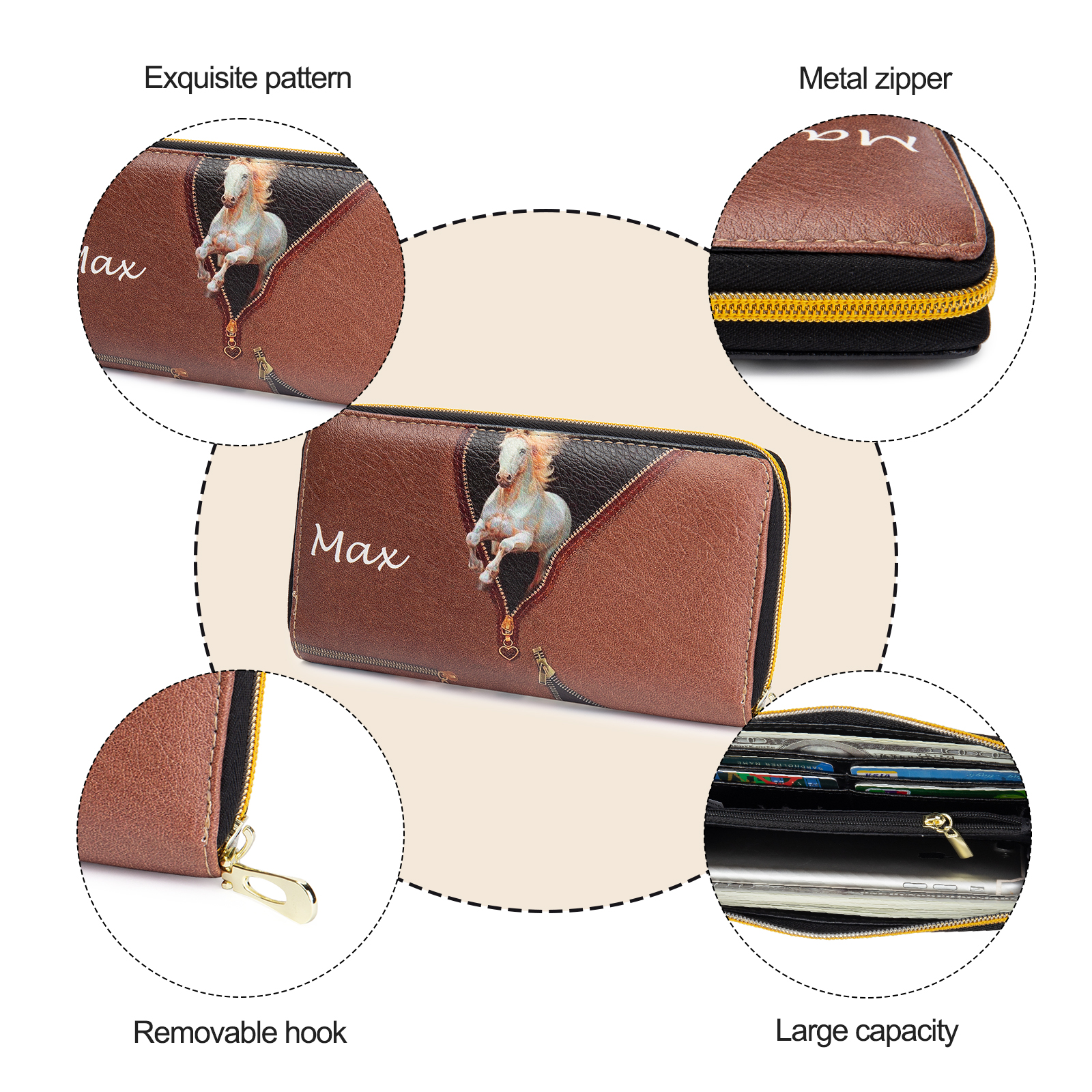 Long Purse Personalised Horse Leather Wallet Engraved 4 Photos Zip Wallet Gifts for Her-Jessemade AU