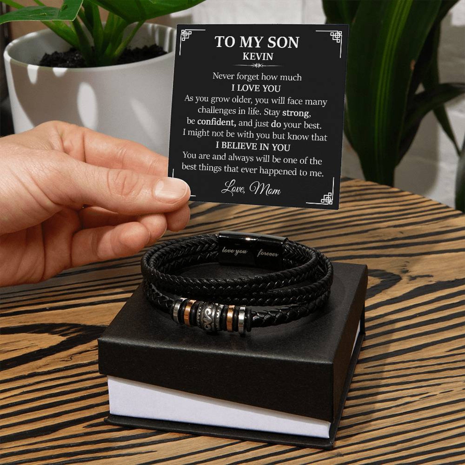 To My Son Bracelet Personalised Name Message Card Braided Leather Bracelet Mom to Son Gift - Never Forget How Much I Love You-Jessemade AU