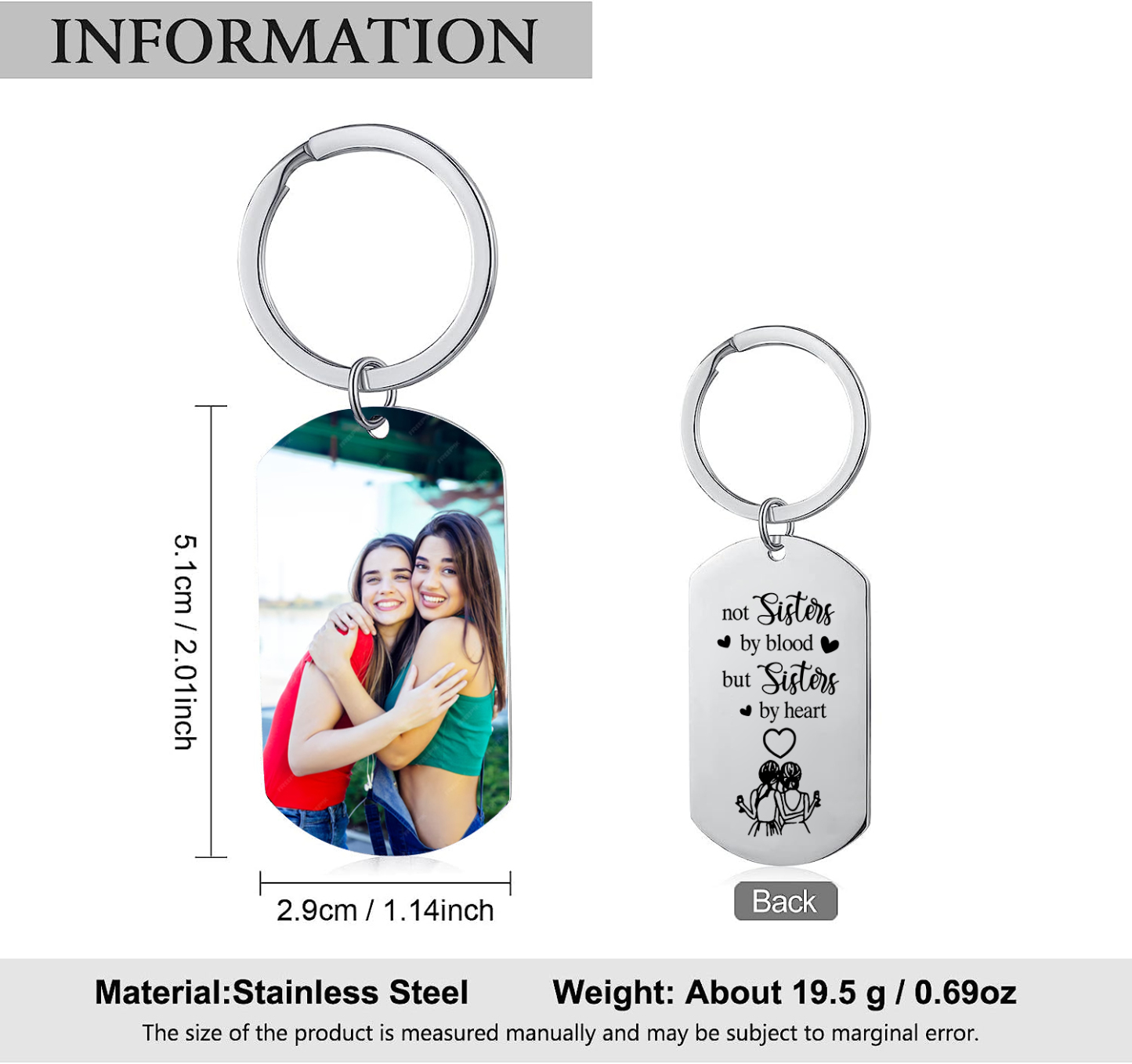 Personalised Photo Keyring Metal Keychain "Not Sisters By Blood But Sisters By Heart" Birthday Gift For Sister/Bestie/Friend-Jessemade AU