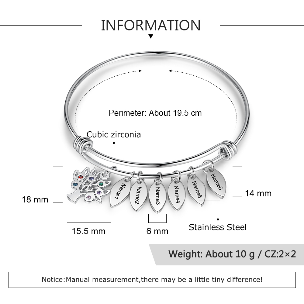 Personalised Family Tree Bracelet with 6 Birthstones Leaf Charms Bangle for Her-Jessemade AU