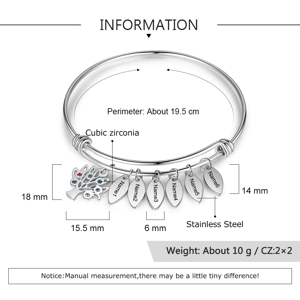 Personalised Family Tree Bracelet with 6 Birthstones Leaf Charms Bangle for Her-Jessemade AU