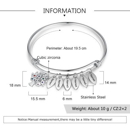 Personalised Family Tree Bracelet with 6 Birthstones Leaf Charms Bangle for Her-Jessemade AU