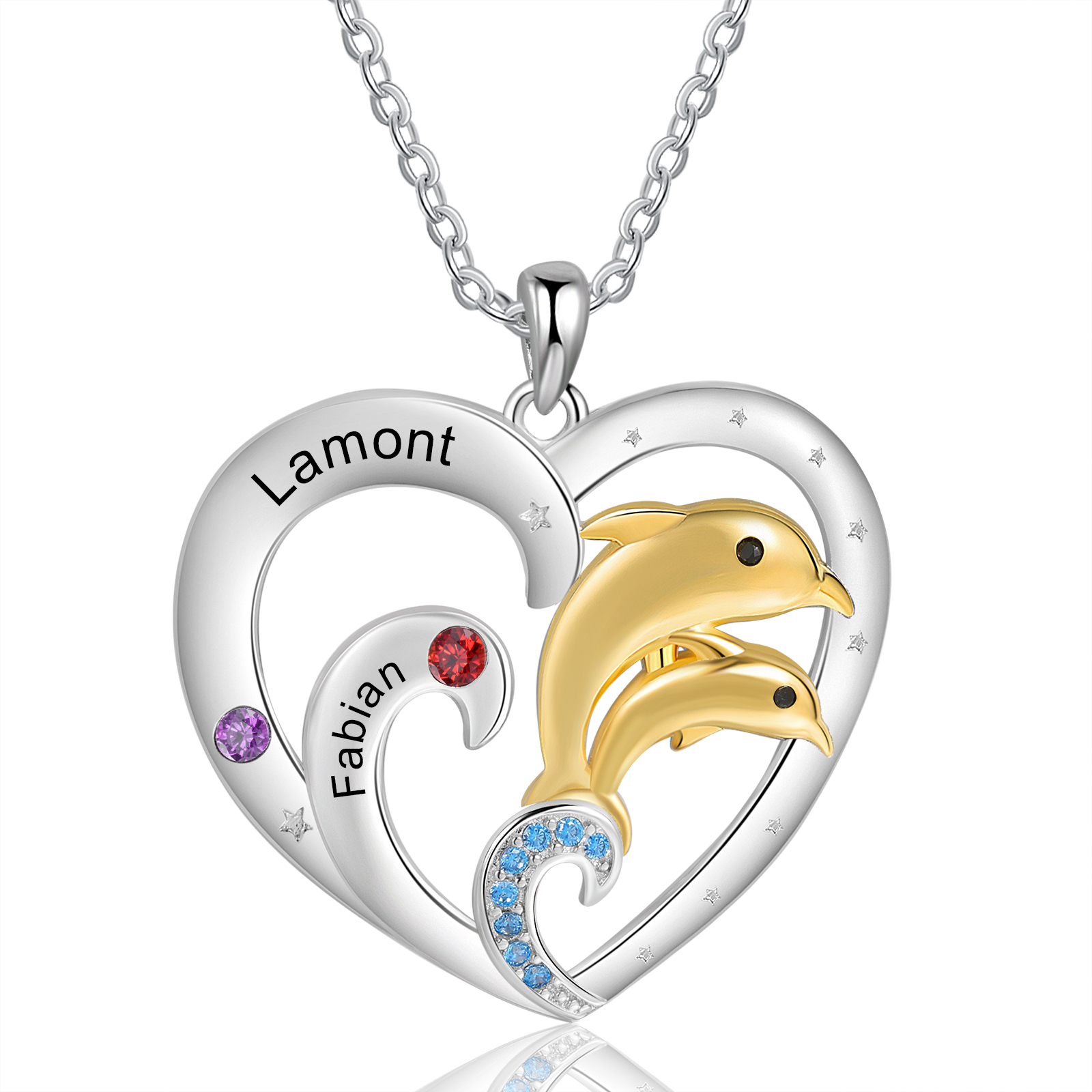 Personalised Heart Dolphin Pendant Necklace Custom 2 Birthstones Engraved 2 Names Necklace Gift for Her-Jessemade AU