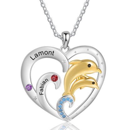 Personalised Heart Dolphin Pendant Necklace Custom 2 Birthstones Engraved 2 Names Necklace Gift for Her-Jessemade AU