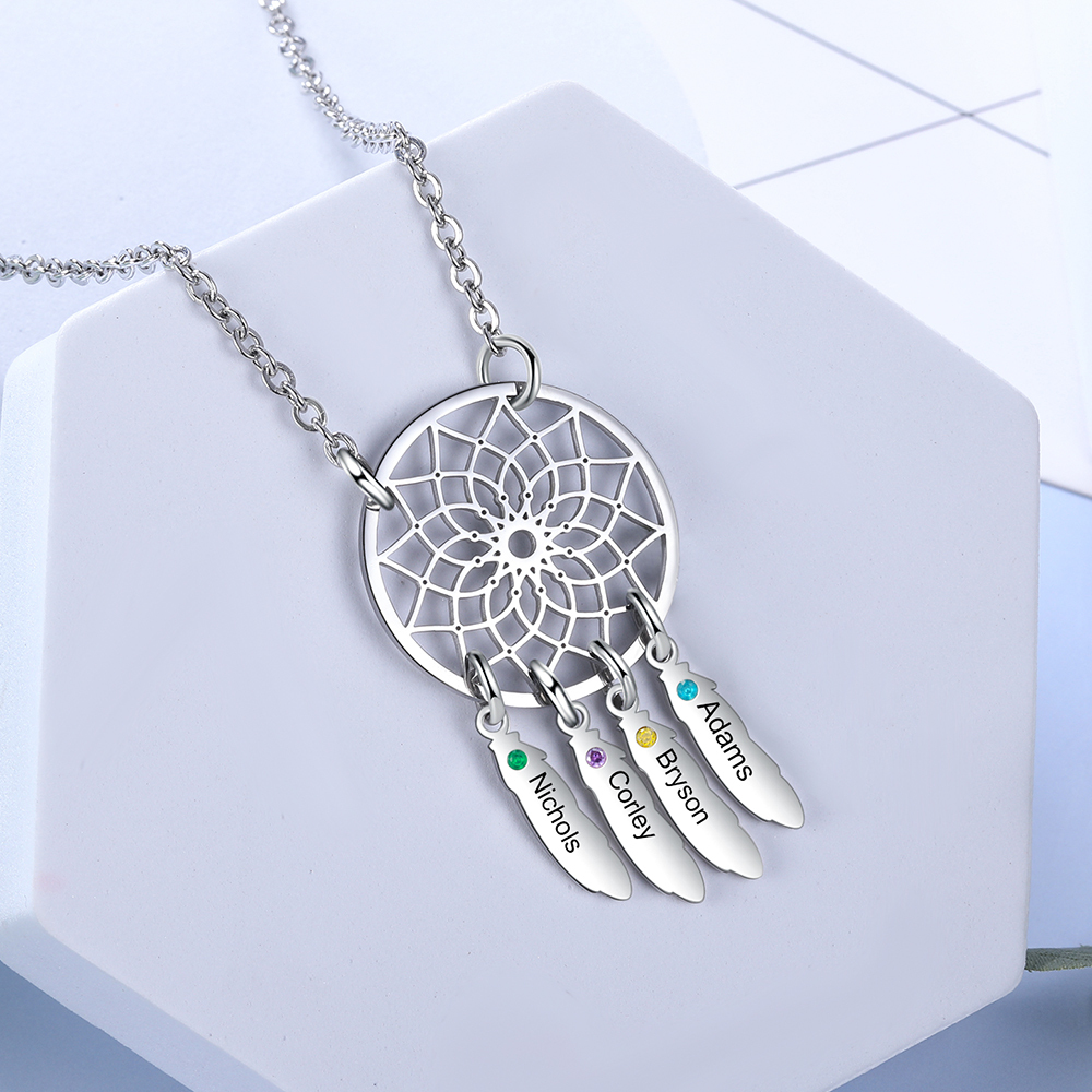Personalised Dream Catcher Necklace With 4 Birthstones Engraved Names Gift For Women-Jessemade AU