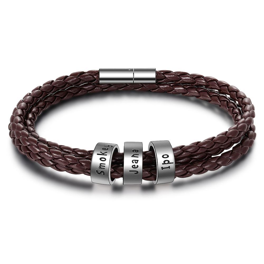 Leather Braided Bracelet Men Bracelets Personalised 3 Names 3 Beads Gift For Dad-Jessemade AU