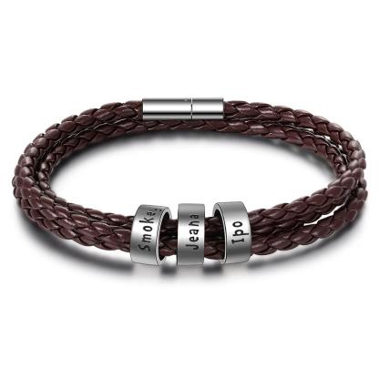 Leather Braided Bracelet Men Bracelets Personalised 3 Names 3 Beads Gift For Dad-Jessemade AU