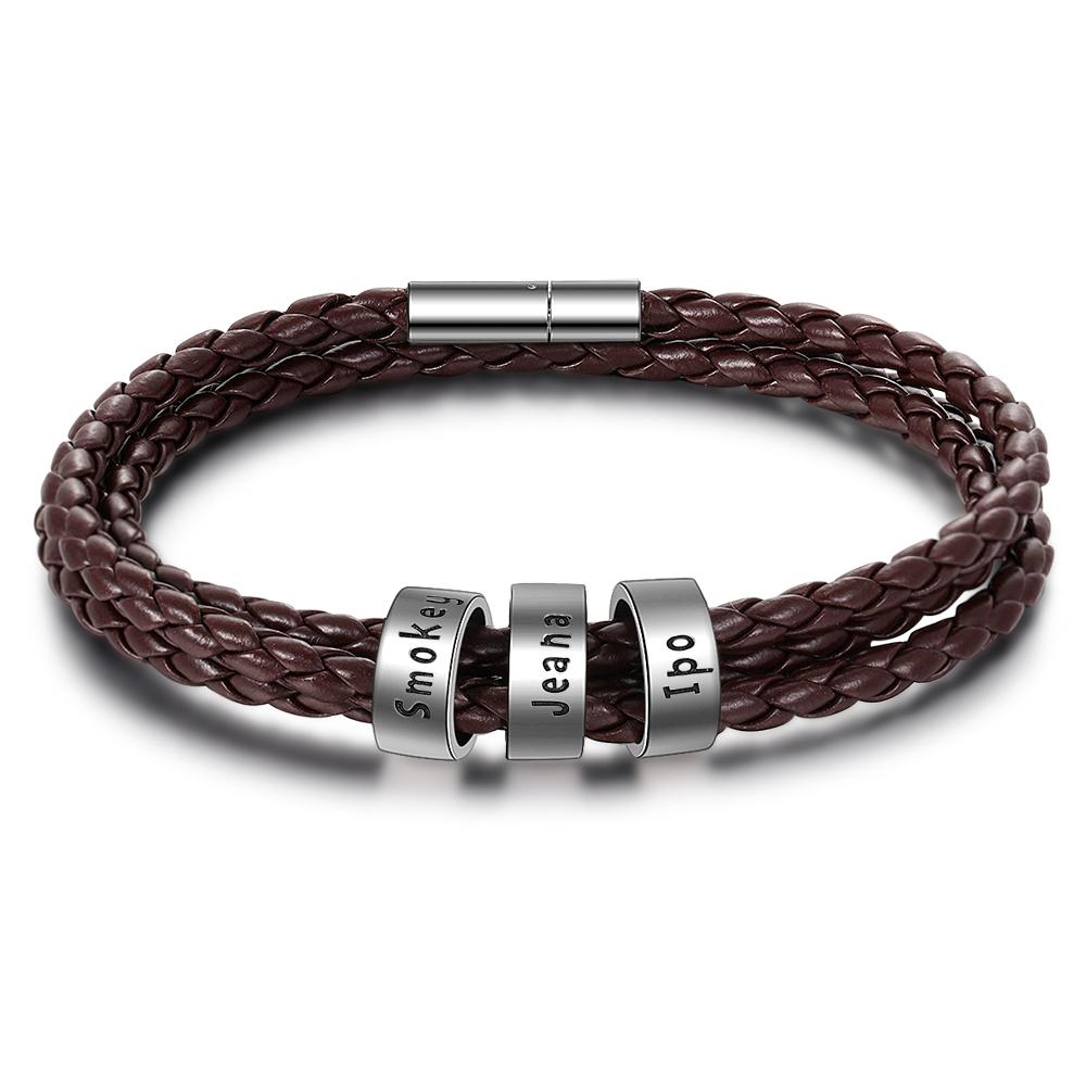 Personalised Braided Leather Bracelet for Men With Custom Engraved 2-6 Names Beads - Father's Day Gifts for Dad | Jessemade-Jessemade AU