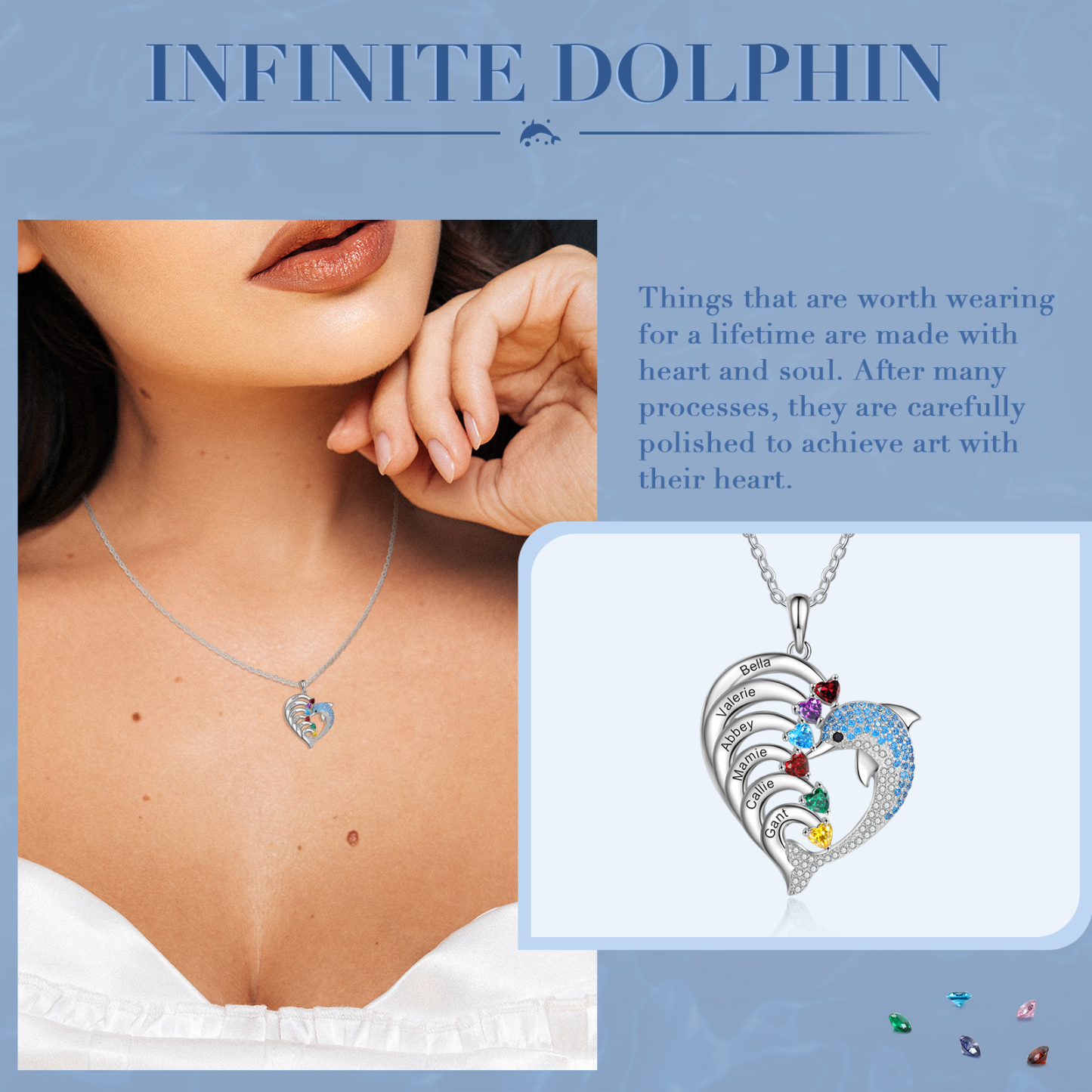 Personalised Heart Dolphin Necklace With 6 Birthstones Engraved Names Gift For Her-Jessemade AU