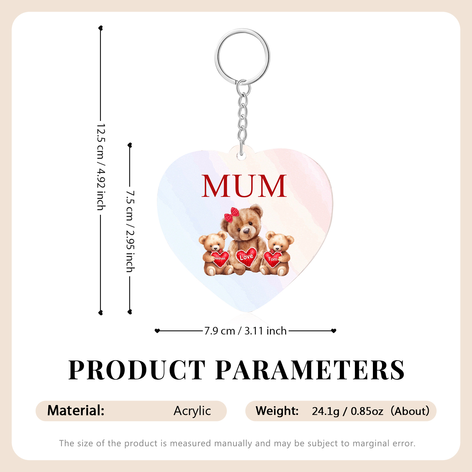 2 Names - Personalised Acrylic Keychain Custom 1 Text Teddy Bears Family Hanging Ornaments Gift for Mum/Grandma-Jessemade AU