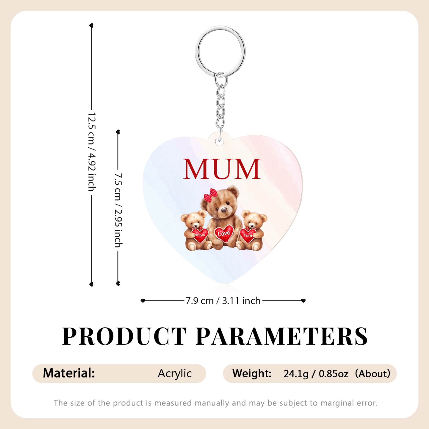 2 Names - Personalised Acrylic Keychain Custom 1 Text Teddy Bears Family Hanging Ornaments Gift for Mum/Grandma-Jessemade AU