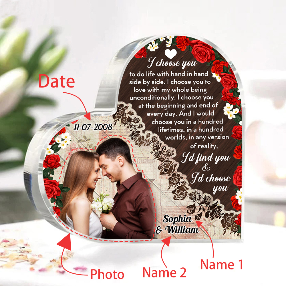 Couple Acrylic Heart Keepsake Custom 2 Names & Date & Photo Ornament Valentine's Day Gift -  I Choose You To Do Life With Hand In Hand Side By Side-Jessemade AU
