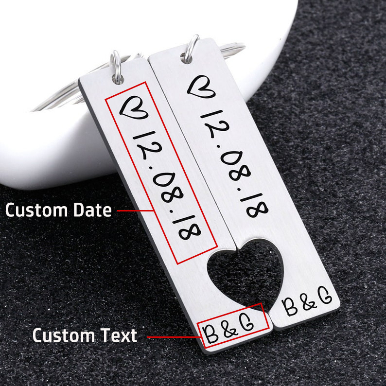To My Man/My Love Heart Keychain Set Personalised Date Initial Keyring Matching Couple Gifts-Jessemade AU
